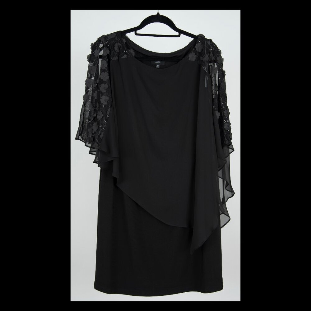 X by Xscape Black Floral Applique Sequin Bat Sleeve Mini Evening Dress Sz 16 NWT